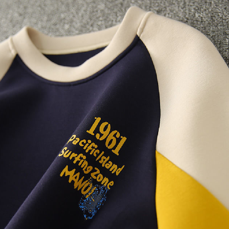 秋季拼接長袖上衣 寬鬆時尚圓領T恤