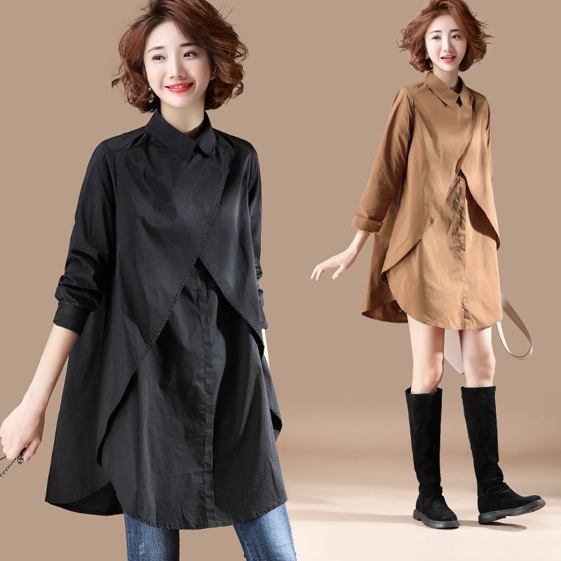 文藝設計感長袖襯衫 春秋寬鬆大尺寸中長款