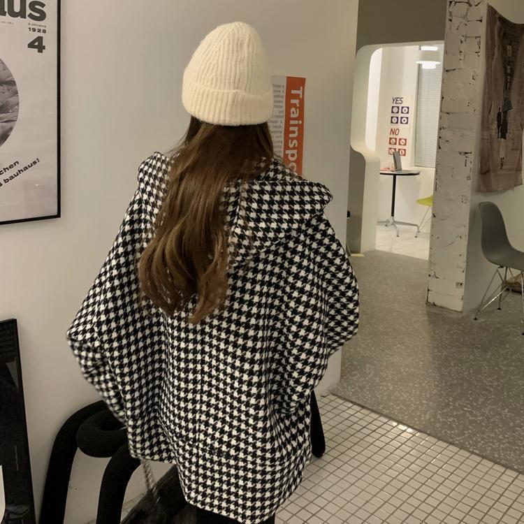 復古千鳥格連帽寬鬆呢料外套-小香風春秋大衣