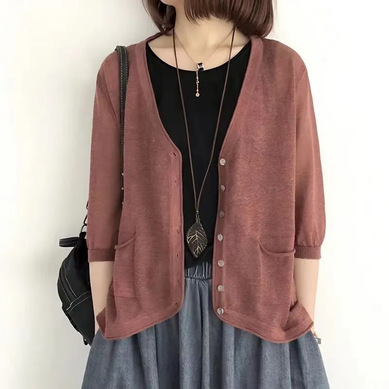 日韓風休閒罩衫 百搭冰絲針織開襟衫 洋氣上衣