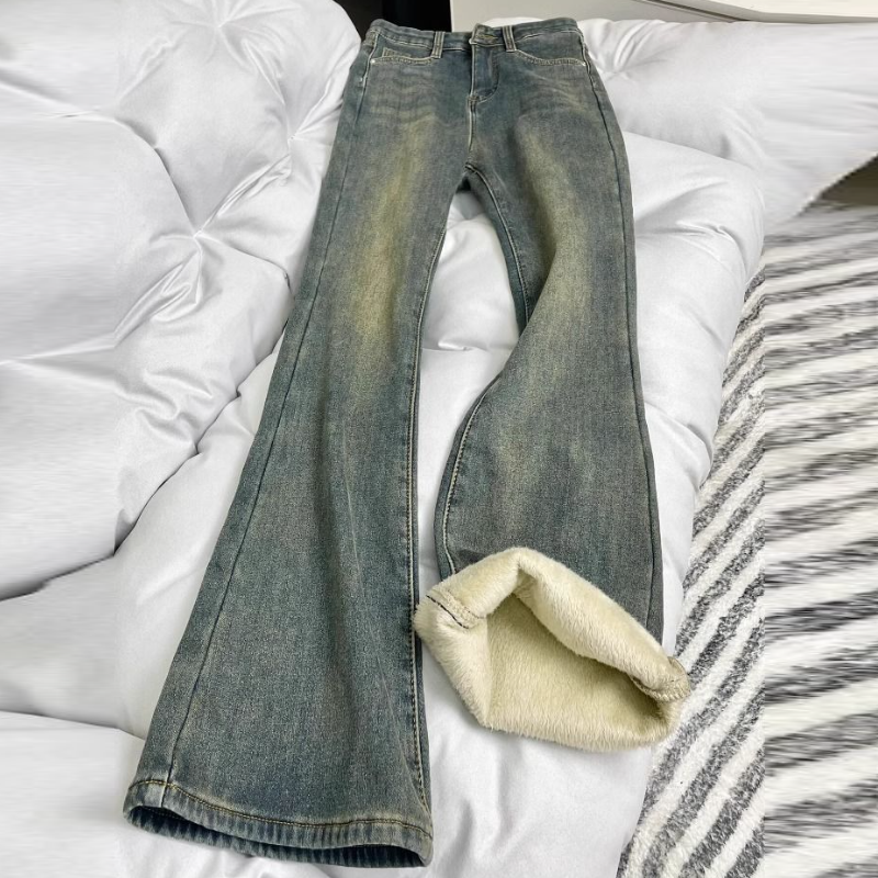 內刷毛加厚牛仔褲 復古藍 高腰直筒×微喇 靴型褲口 冬季保暖 顯瘦修飾