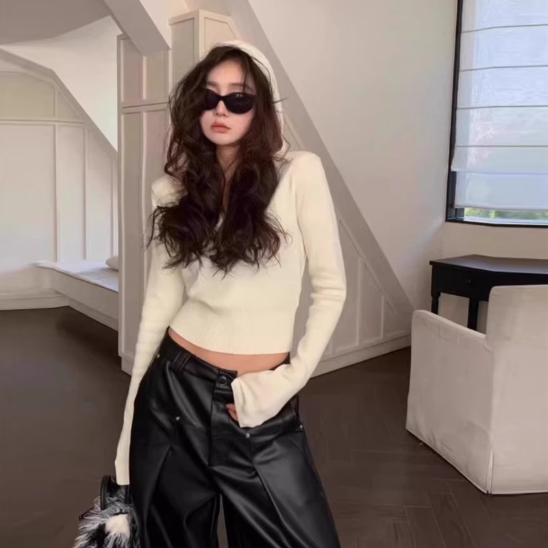 連帽針織短版上衣 5色修身 收腰顯瘦 長袖毛衣 秋季甜辣風