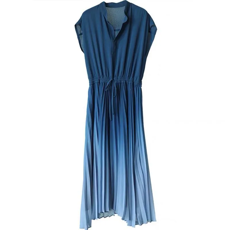 仙氣百褶連身裙洋裝 漸變色立領收腰設計感 百褶雪紡連身裙