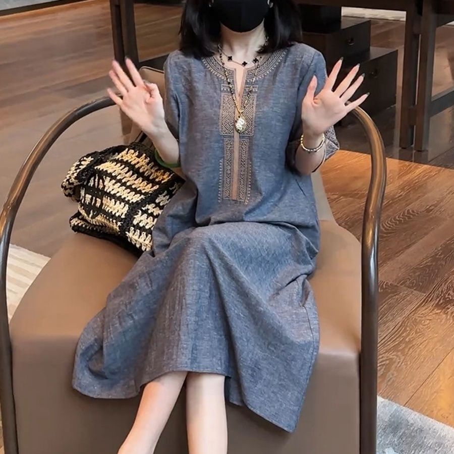 小香風立體刺繡顯瘦棉連身裙 寬鬆休閒大尺碼A字氣質洋裝