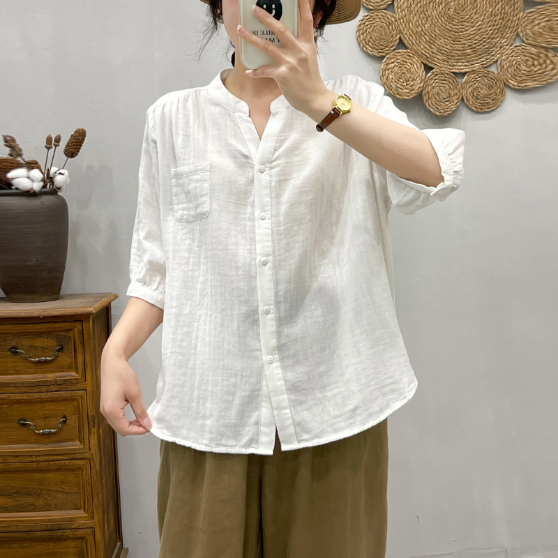 碎花雙層棉紗襯衫 中袖設計 寬鬆舒適 文青風上衣