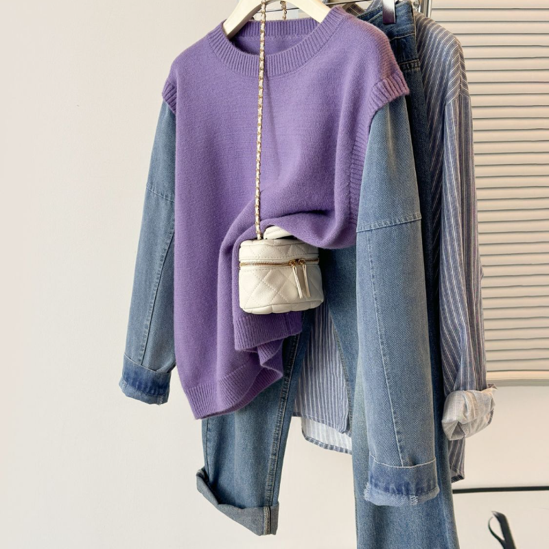 牛仔袖拼接假兩件針織上衣 寬鬆剪裁 秋冬百搭款