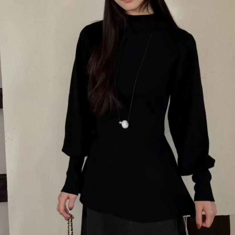 法式半高領荷葉擺針織上衣 燈籠袖 收腰版型 比例更好看