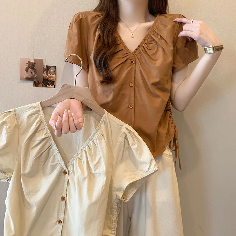 設計感皺皺v領短袖襯衫 顯瘦寬鬆百搭抽繩短款上衣