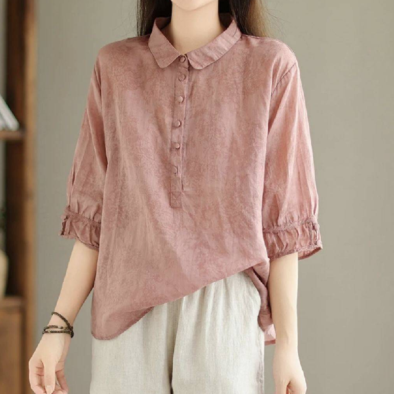 精緻提花翻領棉麻襯衫 復古五分袖顯瘦遮肉薄款上衣