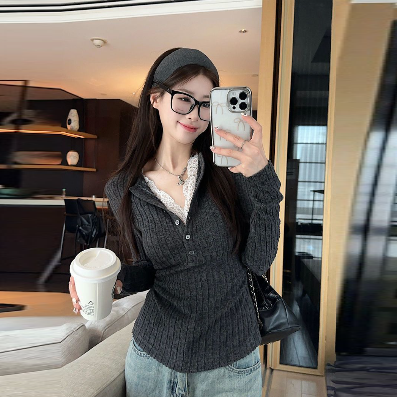 假兩件蕾絲拼接針織上衣 坑條羅紋 秋冬收腰修身長袖打底款