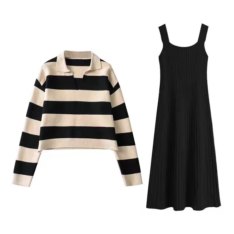 韓系兩件式套裝 條紋POLO領針織上衣＋長版背心洋裝 春秋新款 成套穿搭