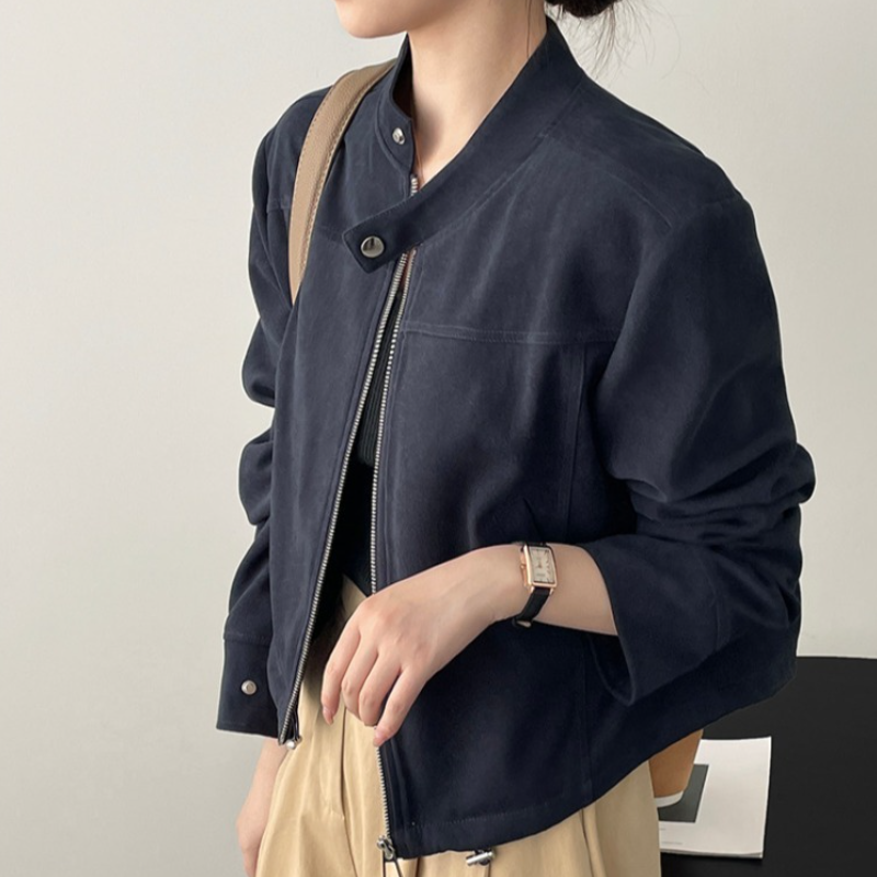 美式復古立領短版夾克 拉鍊門襟 釦帶設計 挺版有型外套