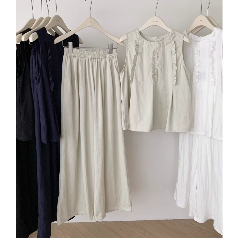 韓系木耳邊背心＋寬褲兩件式套裝 寬鬆修身顯瘦款 大尺碼友善版型