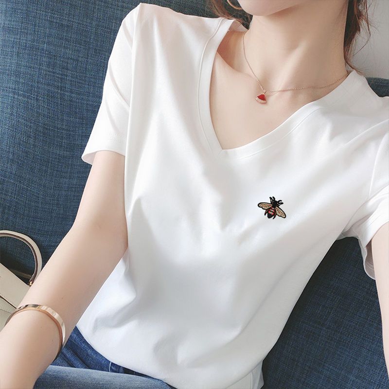 S-4XL/ 棉質 正肩短袖T恤 韓國顯瘦剪裁 V領微甜心機