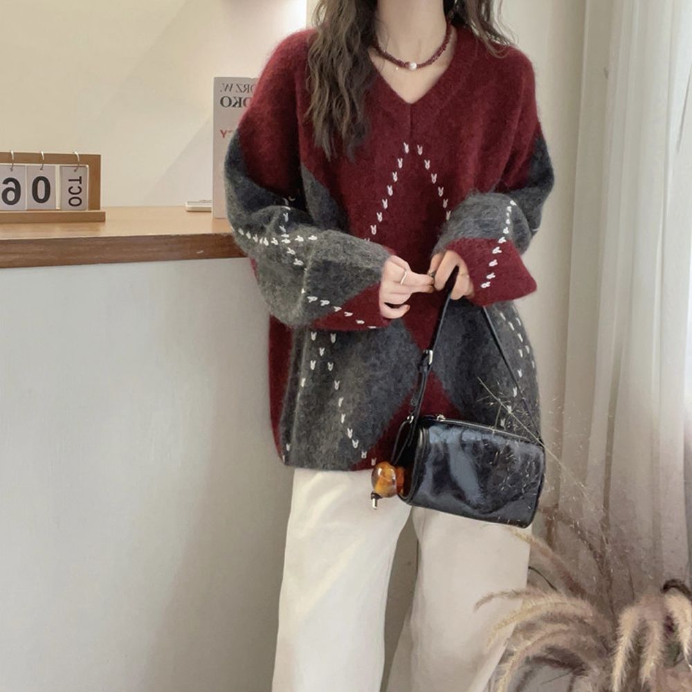 慵懶復古菱格針織毛衣 秋冬紅色系寬鬆休閒針織衫上衣