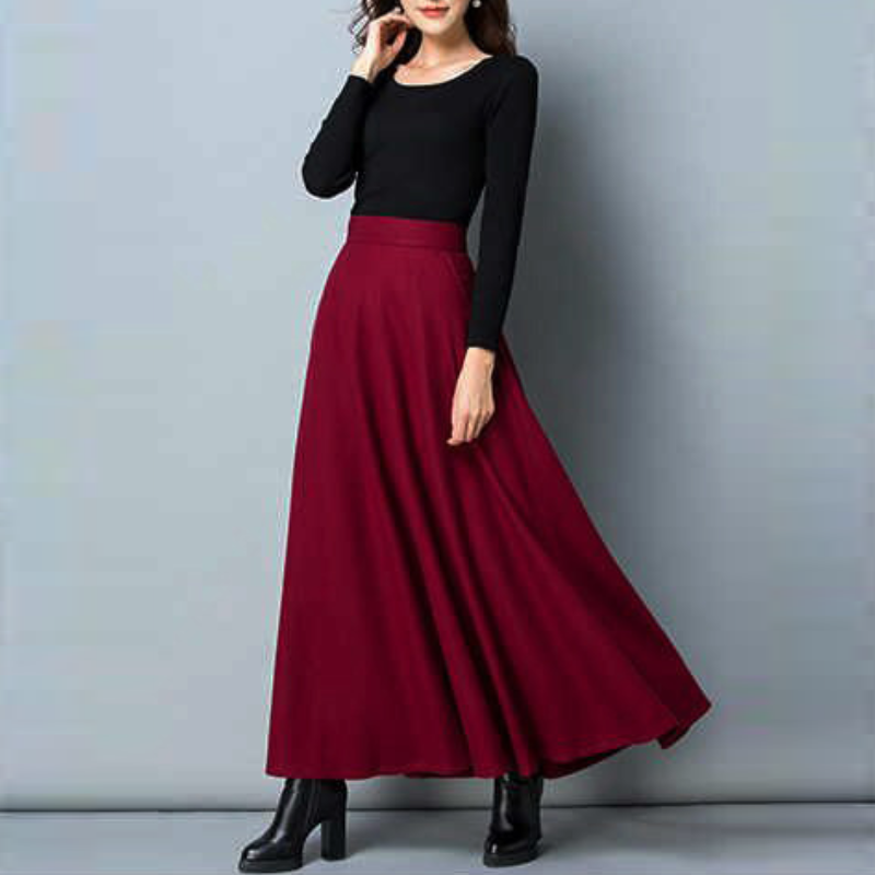 百搭毛呢中長款大擺裙氣質通勤半身裙（有口袋）