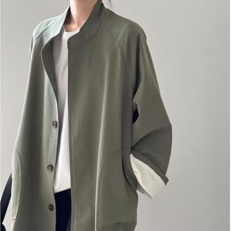 立領中長版風衣外套 英倫感 高級質感 寬鬆剪裁 春秋休閒百搭