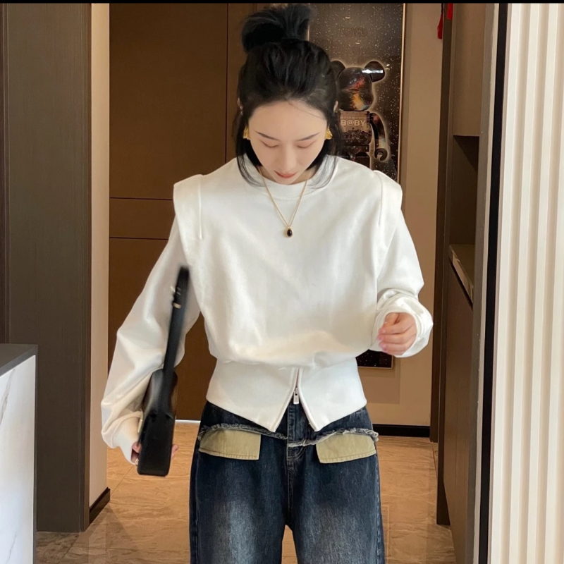 純棉設計感飛袖上衣 立體肩片 圓領套頭 長袖素色 韓國系