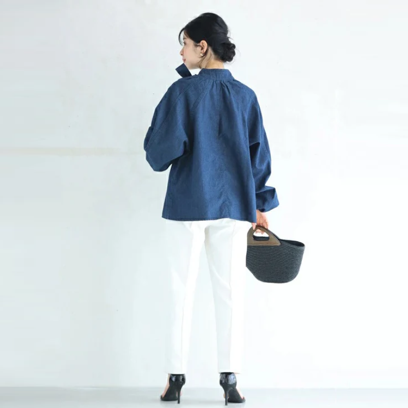 牛仔系帶蝴蝶結襯衫 燈籠袖設計 百搭丹寧上衣