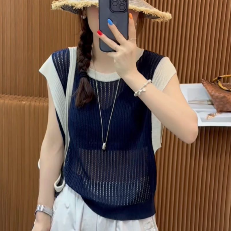 夏季冰涼針織鏤空上衣 條紋圓領小飛袖T恤 寬鬆百搭款