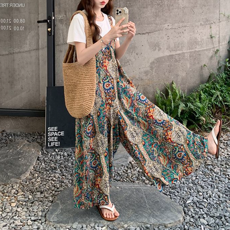 波西米亞拼接印花連身寬褲 復古百搭背帶式寬褲設計款