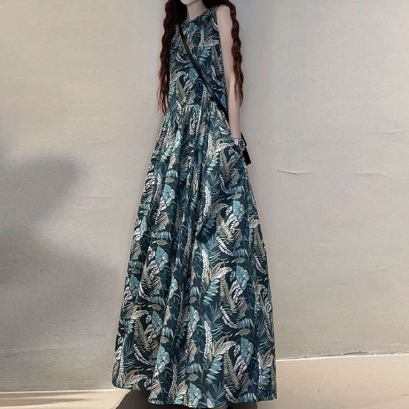 文青系必收 赫本復古長洋裝 韓系A字寬版遮小腹顯瘦裙 透氣背心式連身裙 森女風長版過膝洋裝