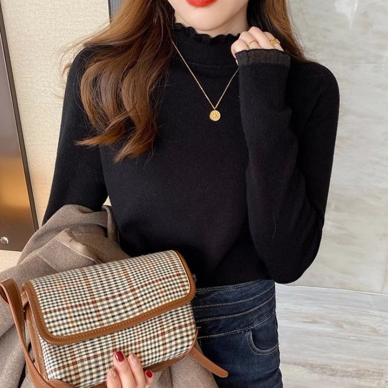 韓國花邊立領上衣-素面蕾絲婚禮OL針織長袖拼接親膚