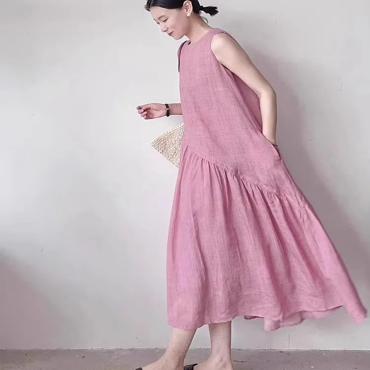 素色棉麻連身裙 韓系減齡棉質鬆身洋裝