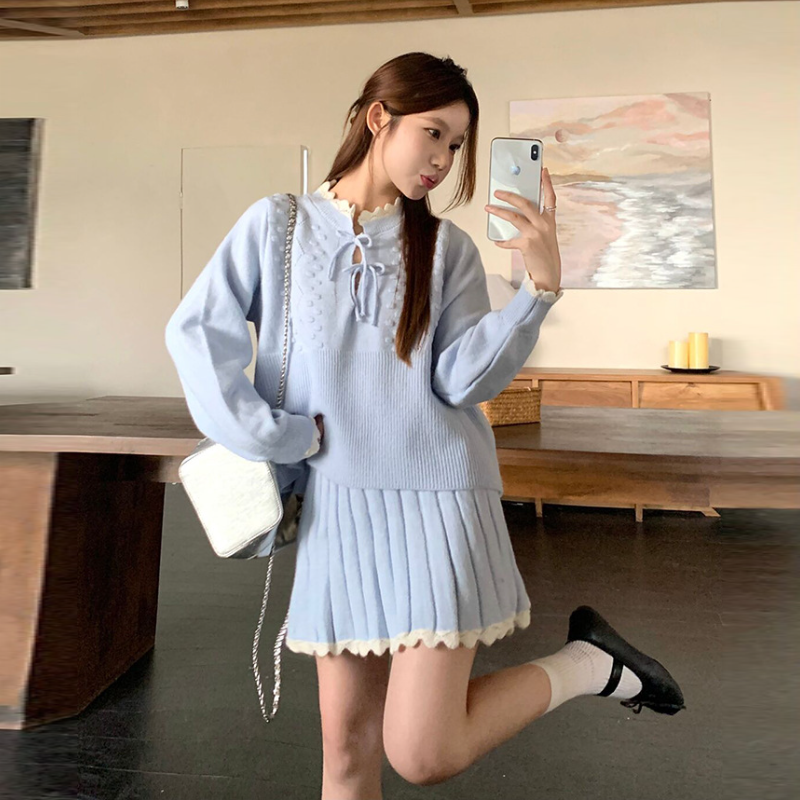 溫柔系針織套裝 蝴蝶結織紋上衣＋百褶裙 兩件式 顯瘦減齡