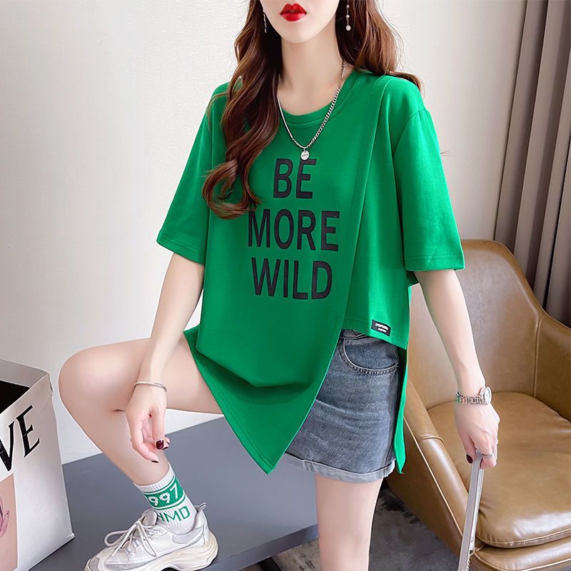 大尺碼字母不對稱開衩短袖T恤 棉花糖女孩寬鬆顯瘦上衣