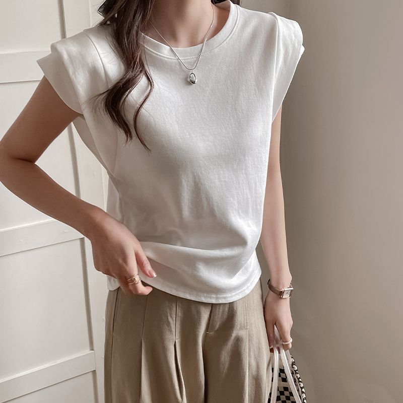 夏季圓領飛飛袖上衣 短袖寬鬆百搭休閒款氣質女裝