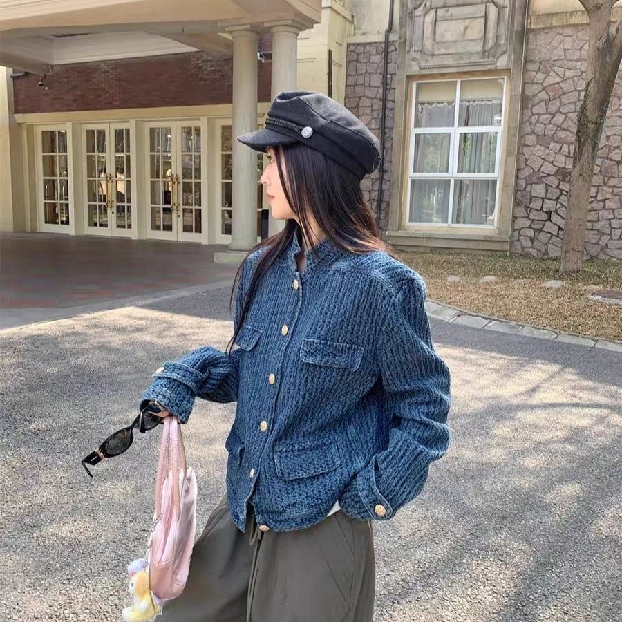 小香風丹寧短版外套 立領金釦 藍色復古感 外搭