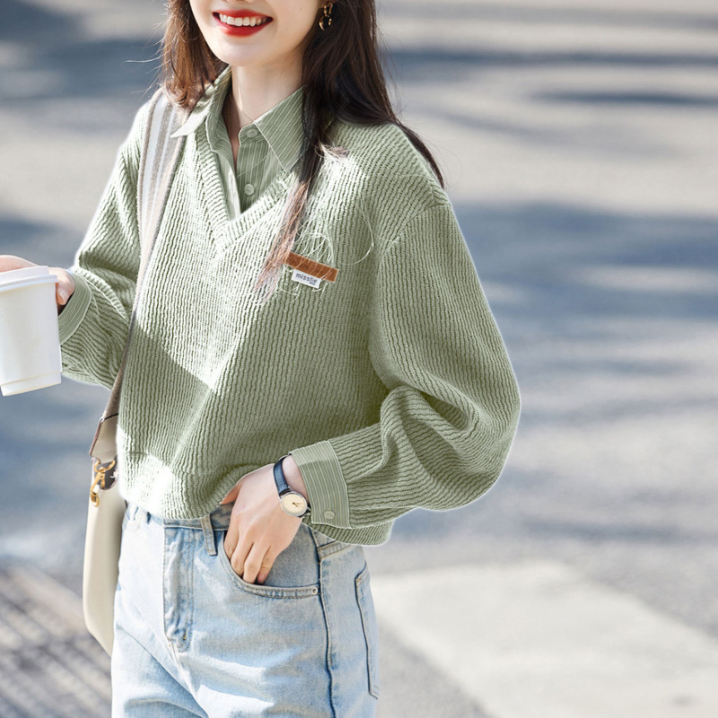 翻領條紋針織拼接假兩件上衣 休閒剪裁 春秋百搭款