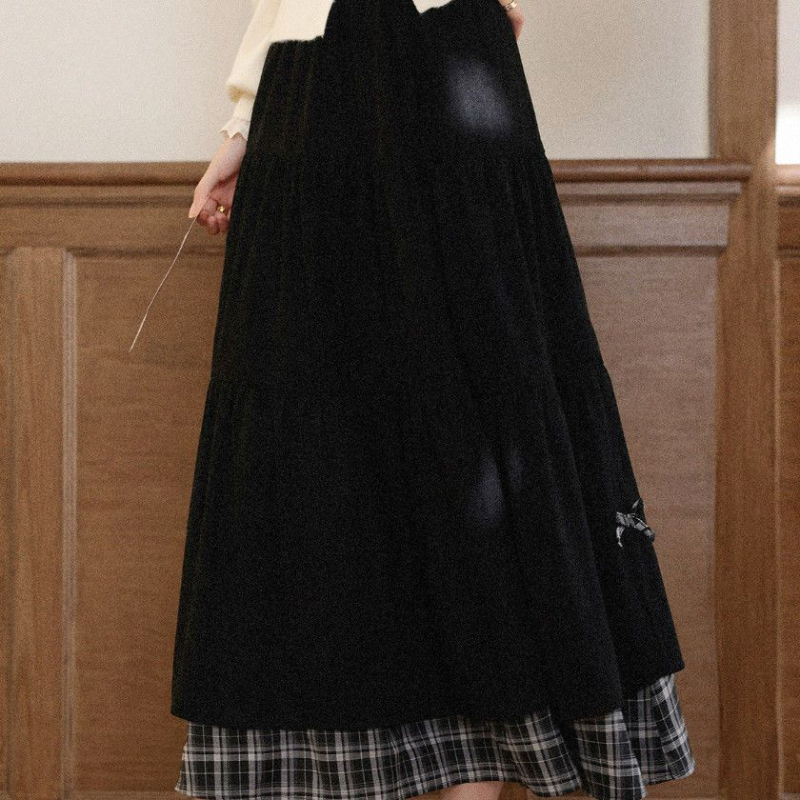 燈心絨拼接格紋長裙 高腰A字版 加厚保暖 日系氣質半身裙