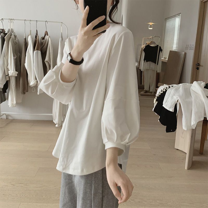 純棉燈籠袖七分袖T恤  清新簡約 遮小腹顯瘦