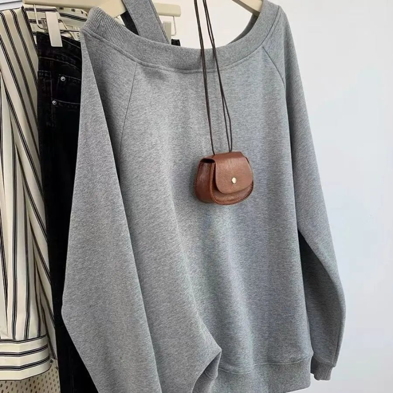 美式斜肩寬鬆大學T 露肩設計感長袖上衣