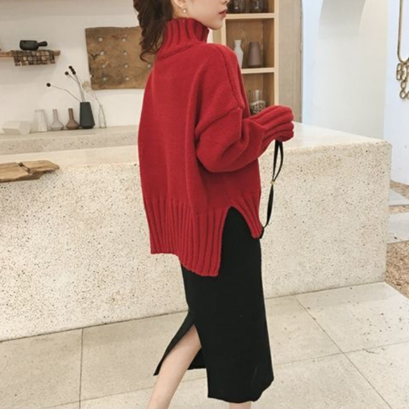 寬鬆高領針織毛衣 落肩版型 加長羅紋下擺與袖口