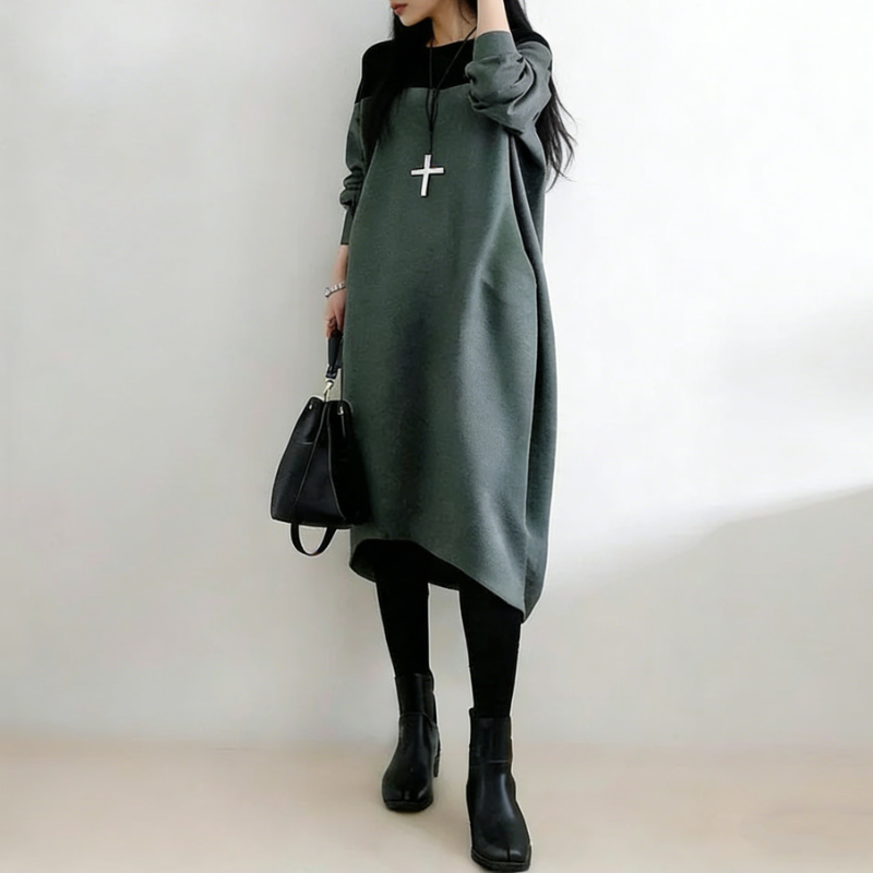 撞色拼接長版洋裝 寬鬆剪裁 圓領設計 秋冬耐看百搭