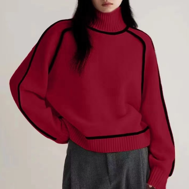 高領插肩針織毛衣 法式感燈籠袖 滾邊設計 寬鬆版型