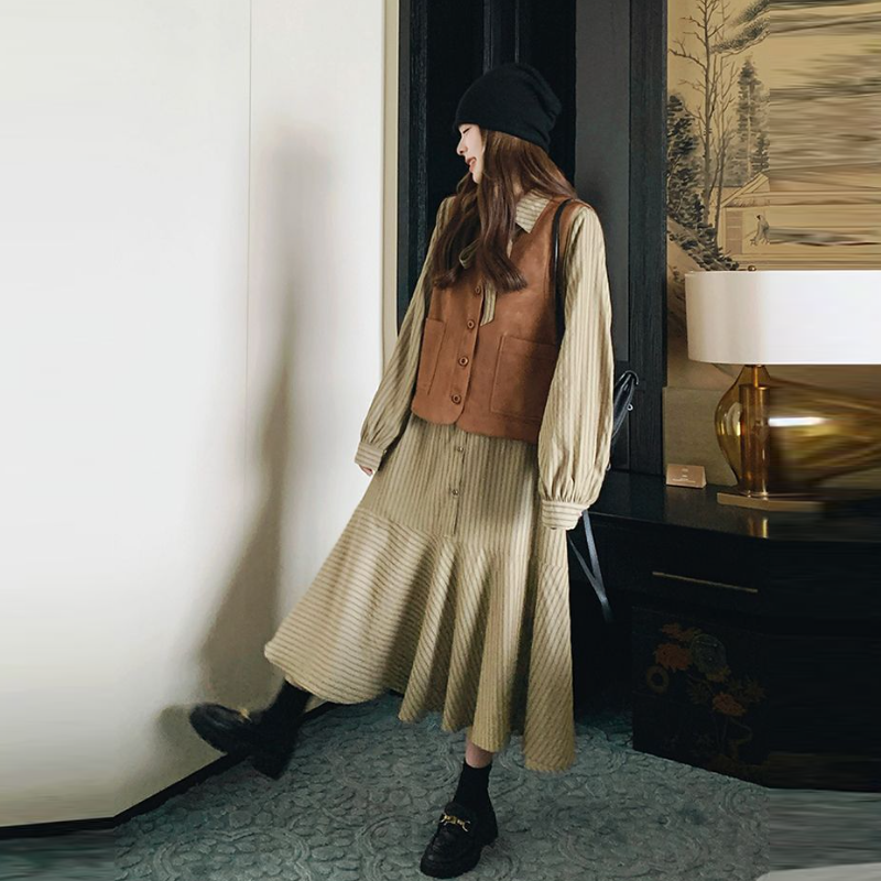 韓系條紋襯衫洋裝＋背心 兩件式套裝 長袖成套穿搭 設計感新款