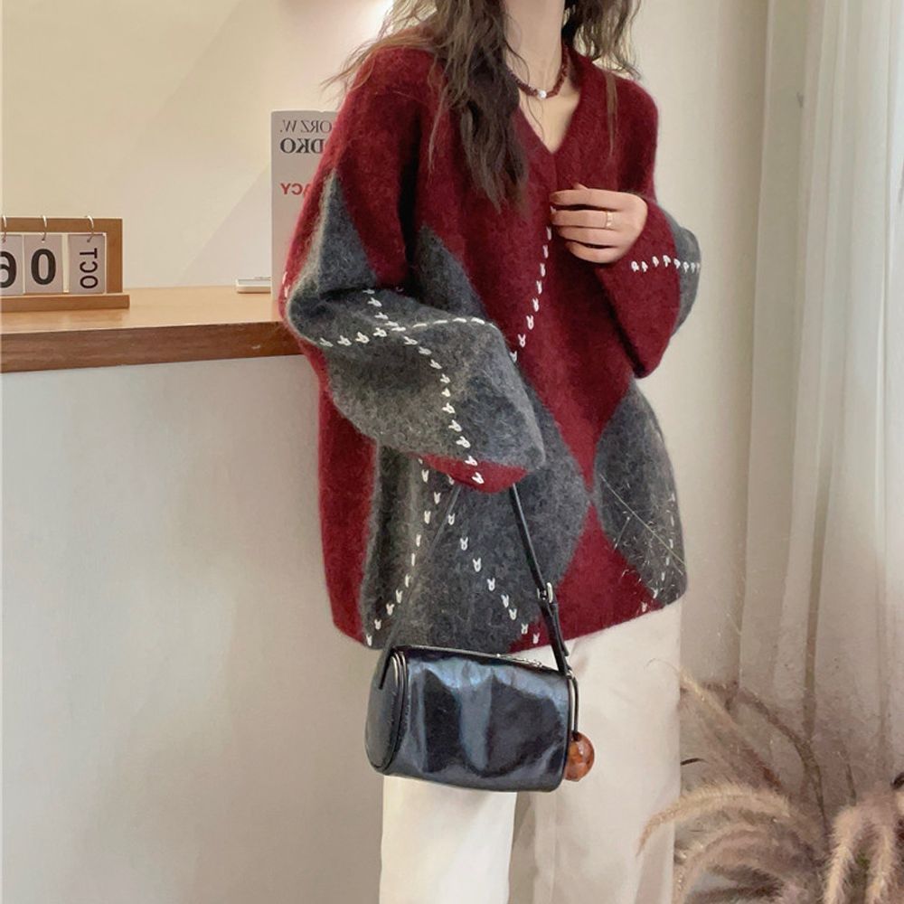 慵懶復古菱格針織毛衣 秋冬紅色系寬鬆休閒針織衫上衣