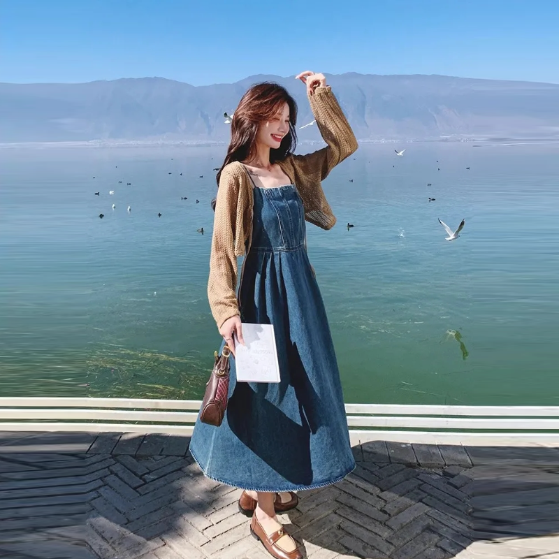 【單品可選】法式復古牛仔吊帶連身裙套裝 韓版針織罩衫+吊帶裙
