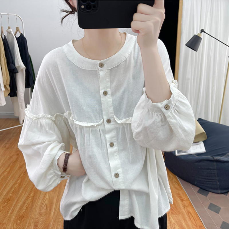 純棉燈籠袖襯衫 圓領排釦 荷葉邊拼接 寬鬆復古感