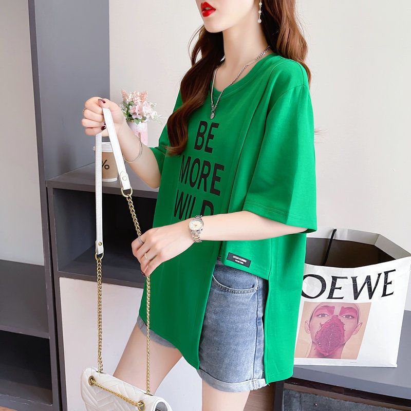 大尺碼字母不對稱開衩短袖T恤 棉花糖女孩寬鬆顯瘦上衣