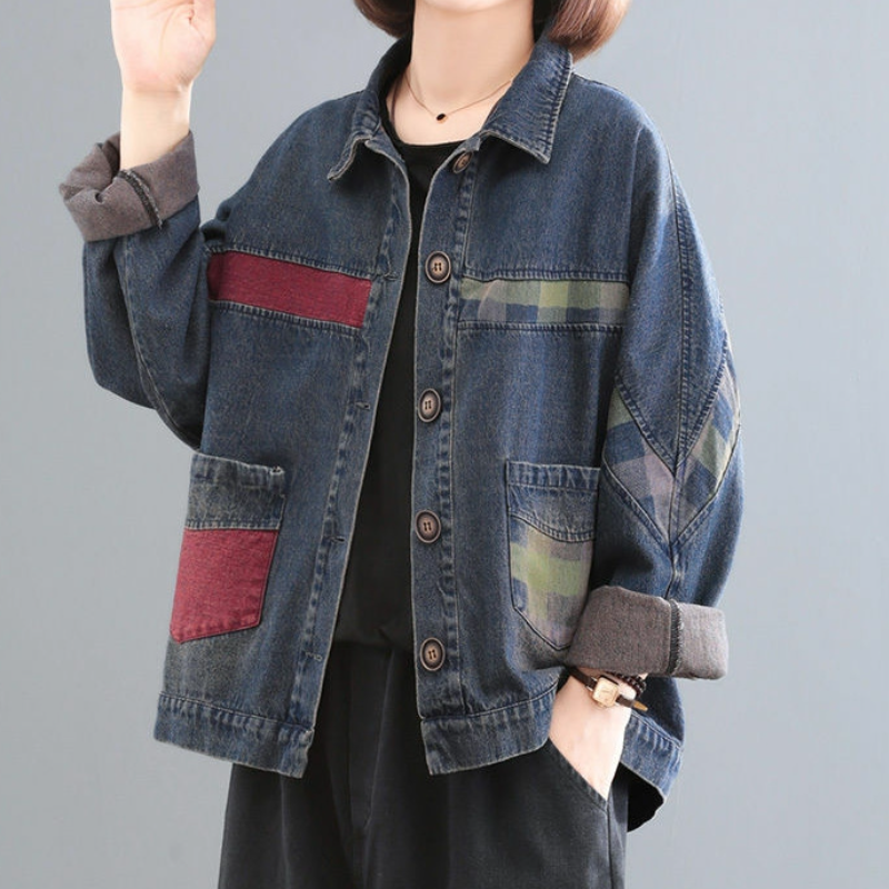 復古拼布丹寧外套 大尺碼寬鬆 厚質保暖
