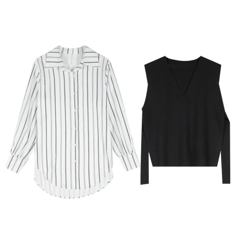 韓系 ‧ 條紋襯衫上衣+黑色針織背心兩件套