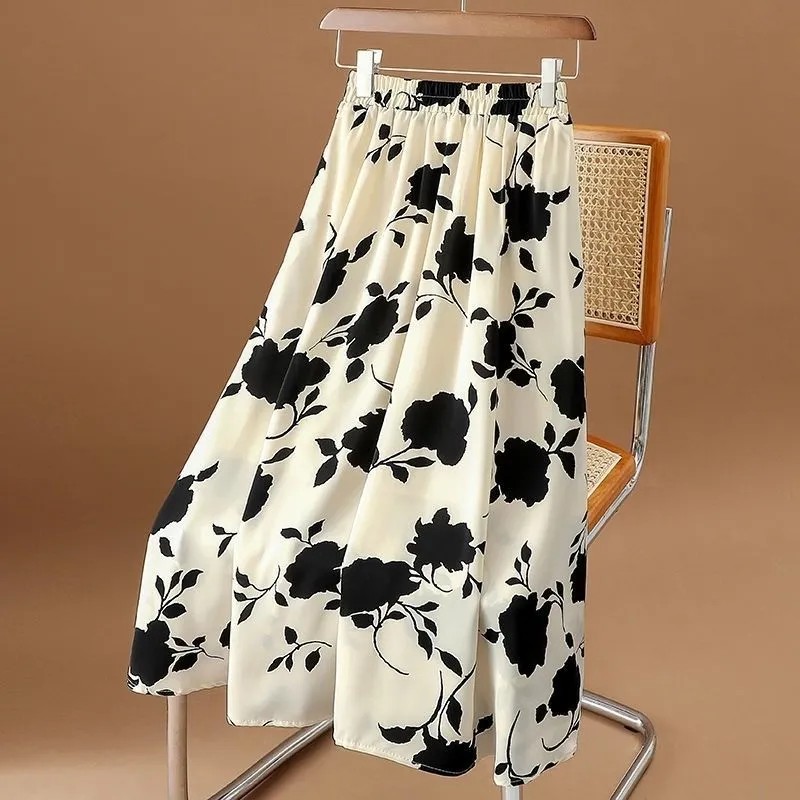 溫柔好感 高腰 大尺寸 寬鬆 印花 遮胯顯瘦 中長 a字 大擺 半身裙