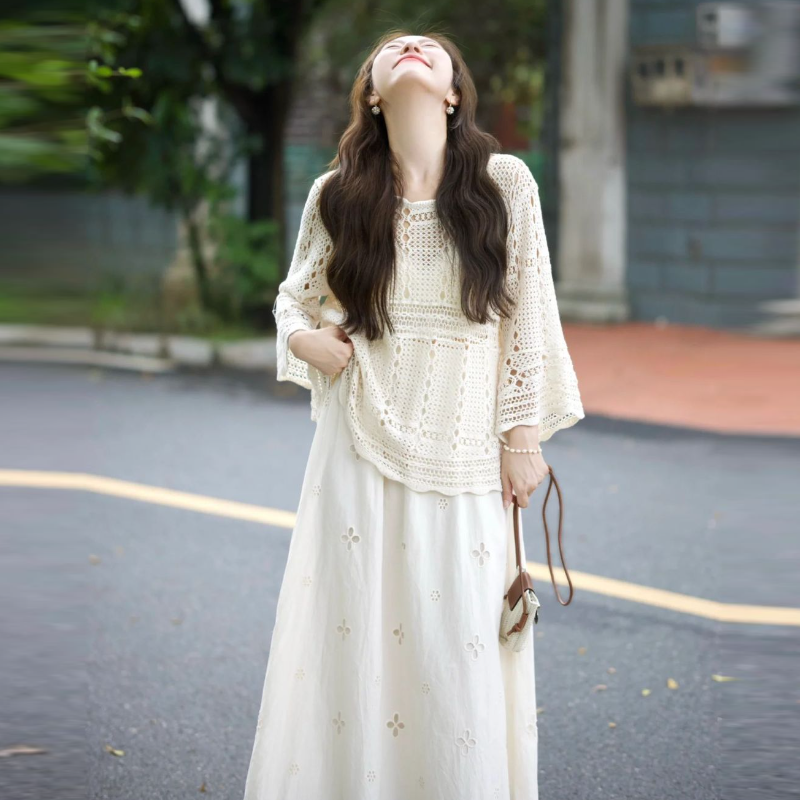 【單品可選】溫柔風兩件式套裝 鏤空長袖上衣+半身長裙 氣質減齡