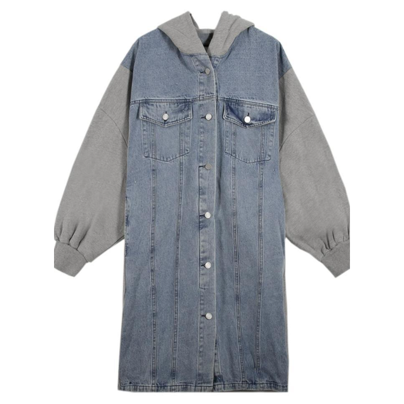 韓系慵懶風牛仔拼接連帽外套 寬鬆剪裁 中長版設計