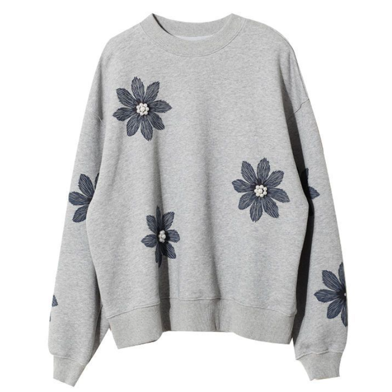 韓系印花大學T 圓領長袖 小花立體釘珠 設計感上衣